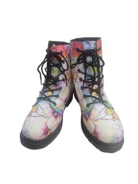 Watercolor Hippie Floral Lace-Up Combat Boots For Women Size 10.5W US Offbeat Sw